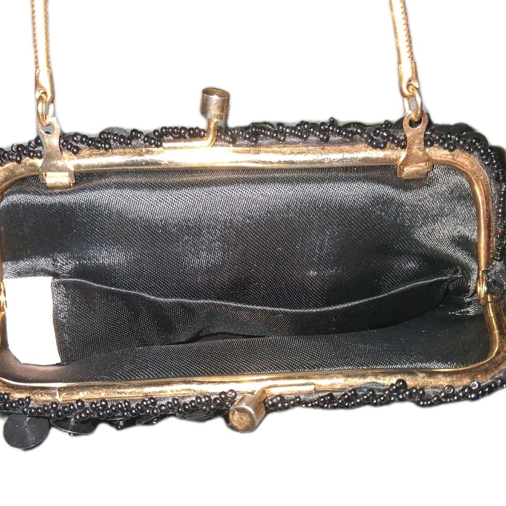 Vintage Black Beaded Sequin Evening Clutch‎ Bag Gold Tone Kiss Lock Hong Kong - Picture 4 of 7